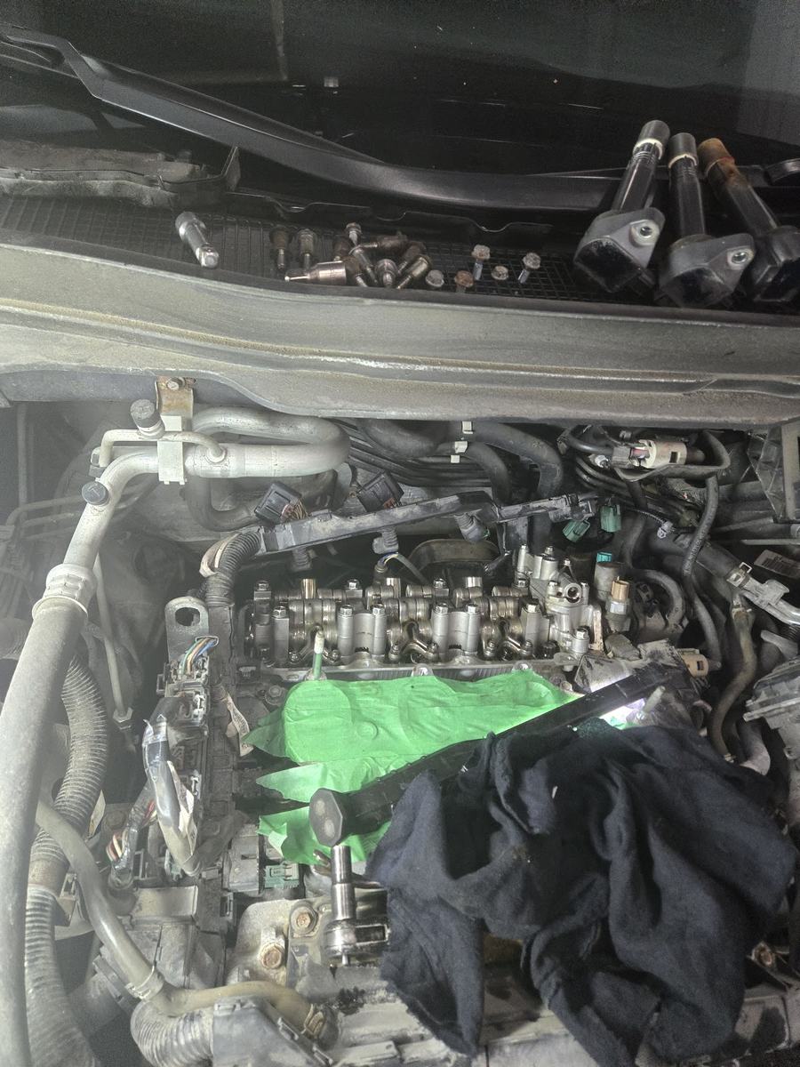 Cylinder head work in progress with the valve cover off
